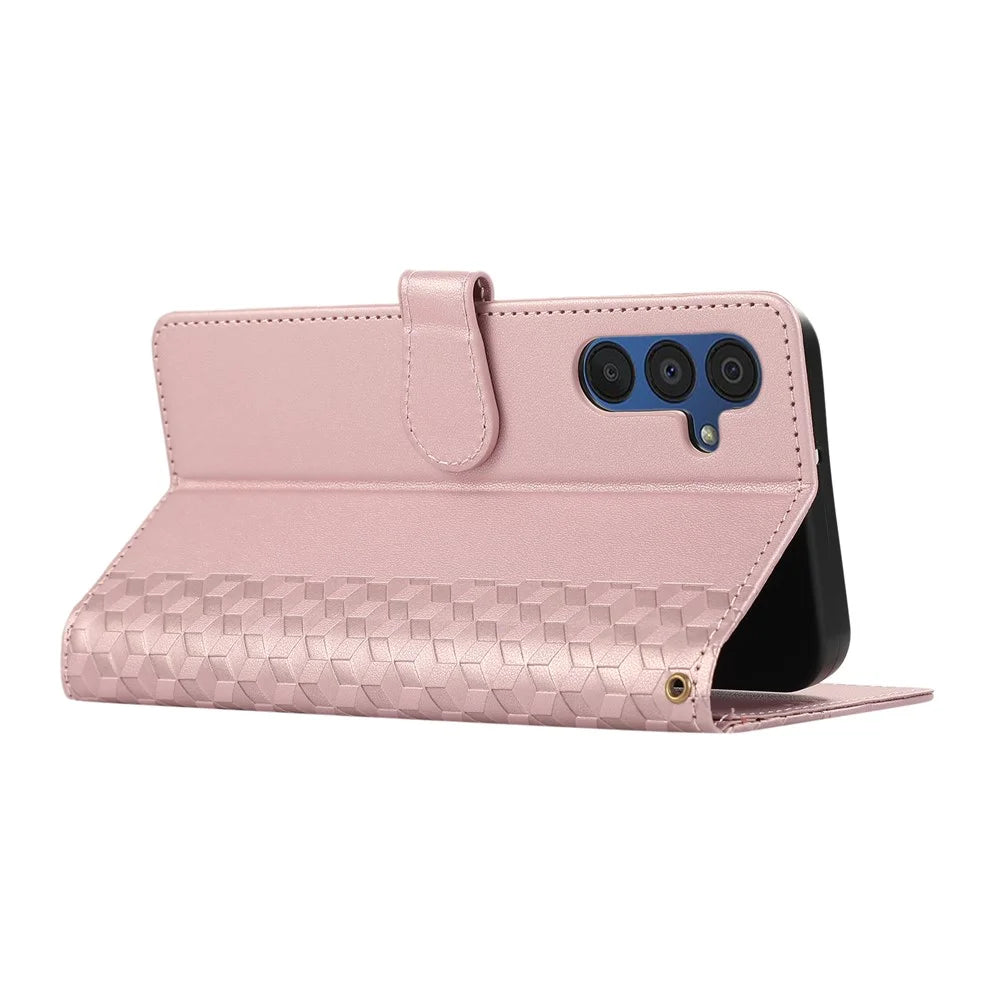 For Samsung Galaxy S25+  /  S24+ Case 3D Rhombus Grid Imprinted Wallet Leather Phone Cover with Lanyard - Rose Gold - 4