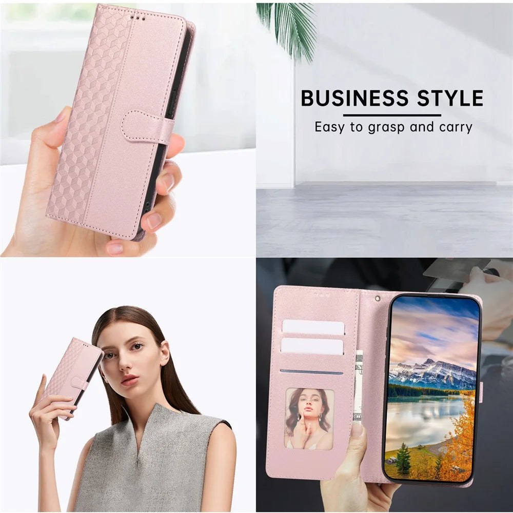 For Samsung Galaxy S25+  /  S24+ Case 3D Rhombus Grid Imprinted Wallet Leather Phone Cover with Lanyard - Rose Gold - 5