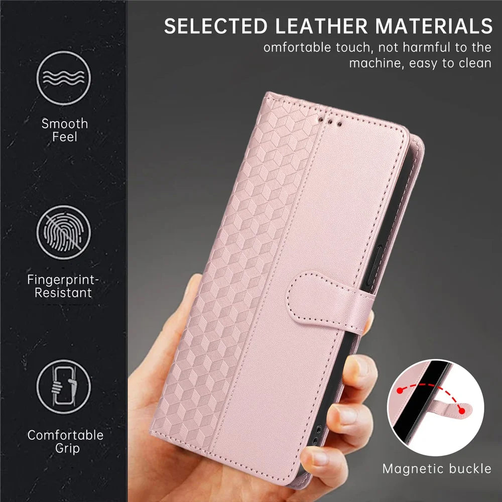 For Samsung Galaxy S25+  /  S24+ Case 3D Rhombus Grid Imprinted Wallet Leather Phone Cover with Lanyard - Rose Gold - 6