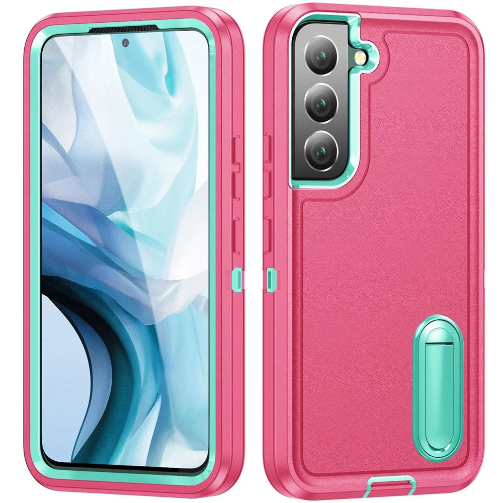 For Samsung Galaxy S22 5G Case Case Kickstand Phone Cover PC + Silicone + EVA 3-in-1 Design - Rose + Light Cyan - 1