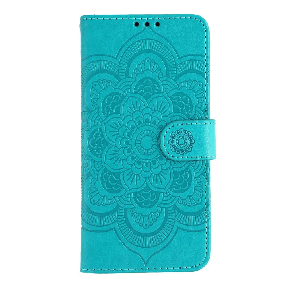 For iPhone 17 Case PU Leather Mandala Imprinted Design Wallet Phone Cover with Wrist Strap - Blue - 4
