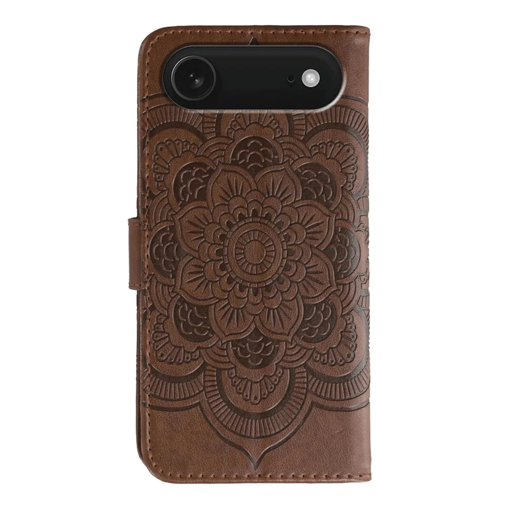 For iPhone Air Case PU Leather Mandala Imprinted Design Wallet Phone Cover with Wrist Strap - Brown - 5