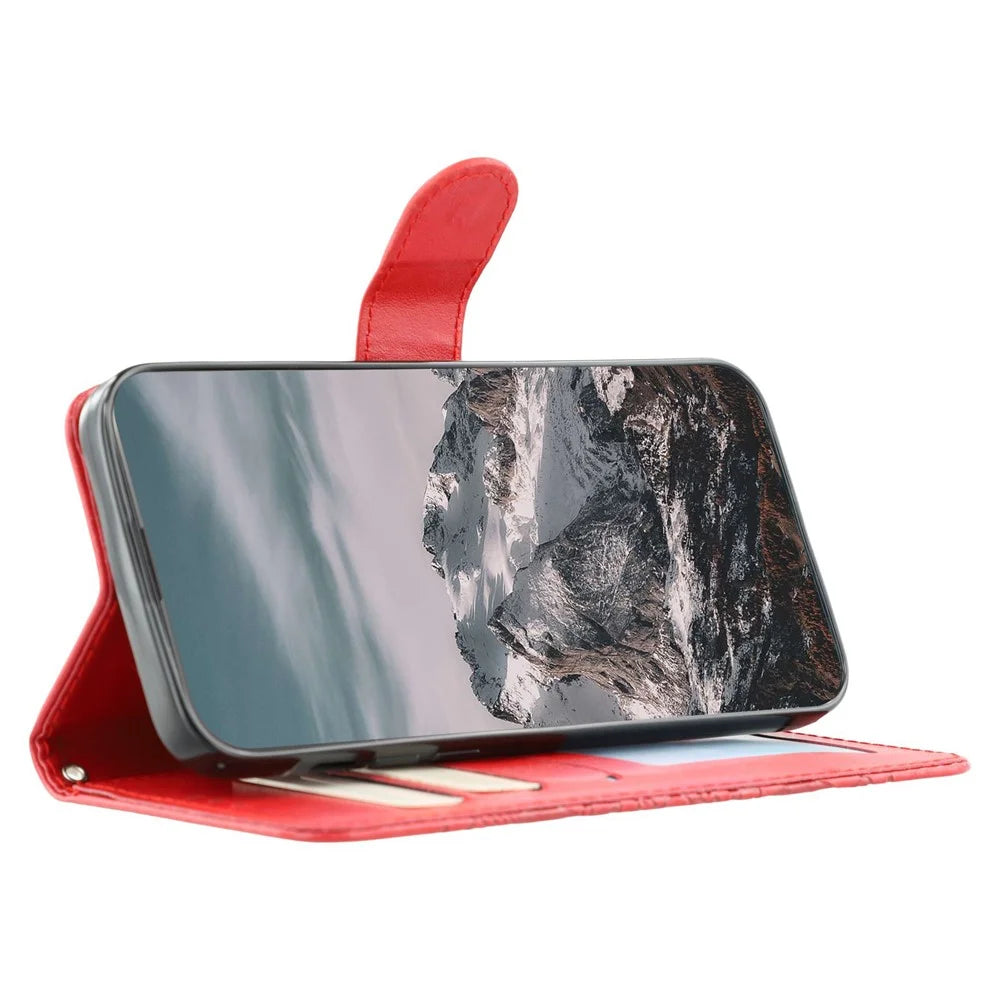 For OnePlus Nord CE5 5G  /  Ace 5 Racing 5G Case PU Leather Mandala Imprinted Design Wallet Phone Cover with Wrist Strap - Red - 3