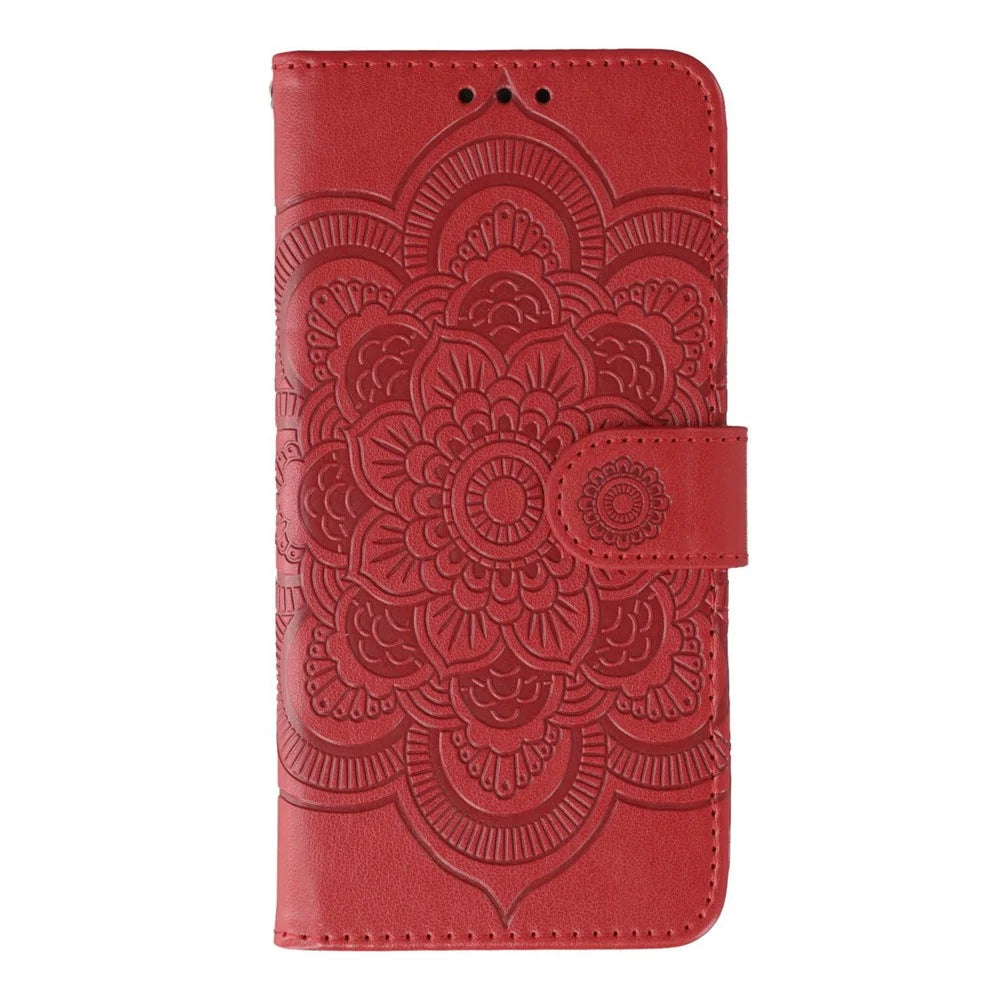 For OnePlus Nord CE5 5G  /  Ace 5 Racing 5G Case PU Leather Mandala Imprinted Design Wallet Phone Cover with Wrist Strap - Red - 4