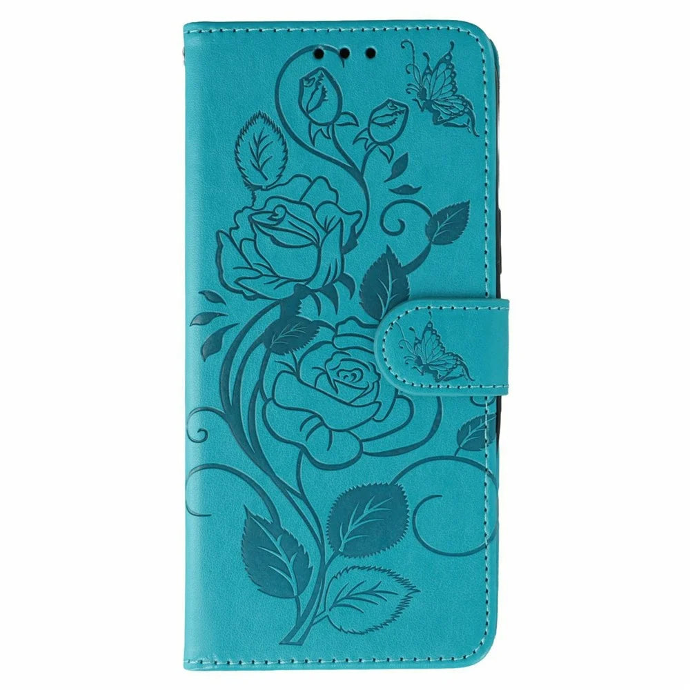 For iPhone 18 Pro / 17 Pro Case Wallet Stand Imprinted Rose Butterfly PU Leather Phone Cover - Blue - 4