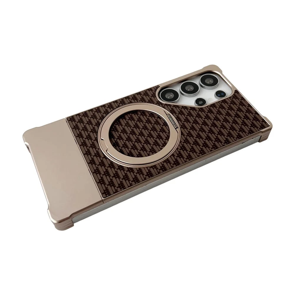 For Samsung Galaxy S25 Ultra Magnetic Case Kickstand Metal Carbon Fiber Pull-Out Design Phone Cover - Gold - 2