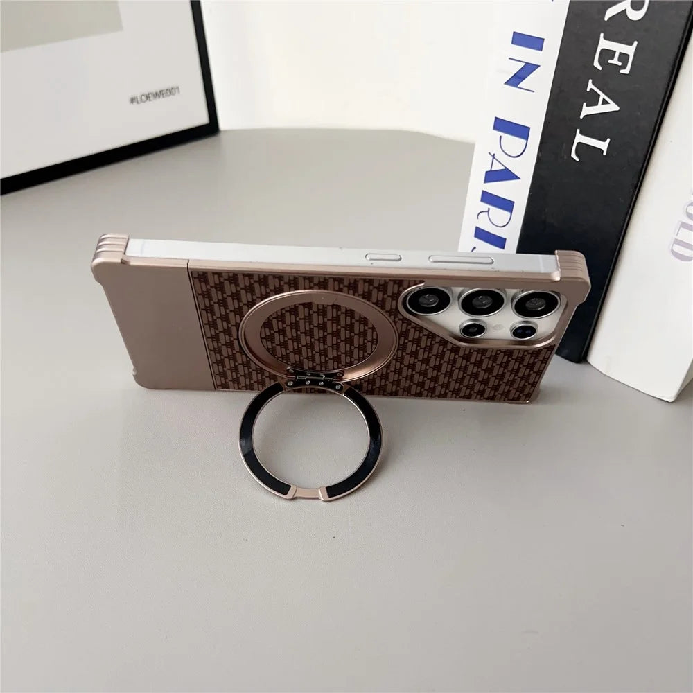 For Samsung Galaxy S24 Ultra Magnetic Case Kickstand Metal Carbon Fiber Pull-Out Design Phone Cover - Gold - 5