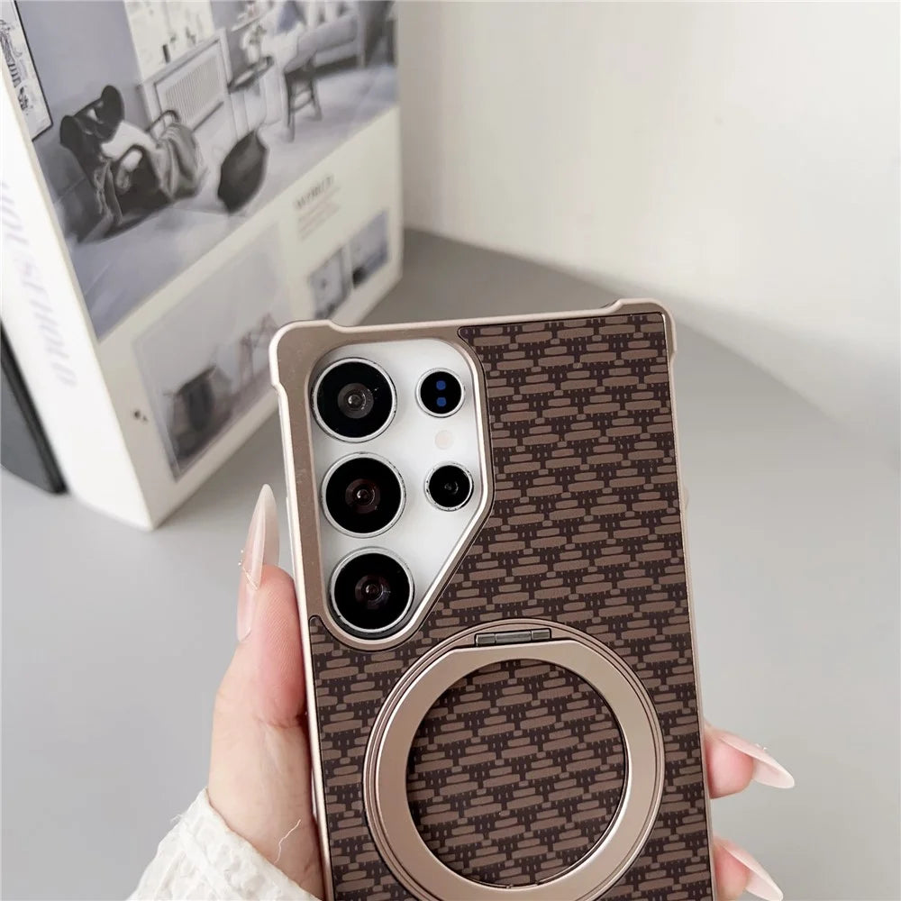 For Samsung Galaxy S24 Ultra Magnetic Case Kickstand Metal Carbon Fiber Pull-Out Design Phone Cover - Gold - 7