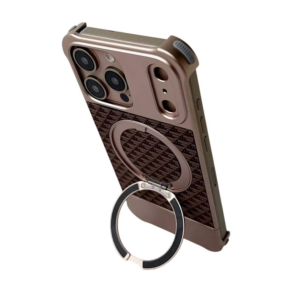 For iPhone 16 Pro Max Magnetic Case Kickstand Lens Upgrade Design Metal Carbon Fiber Phone Cover - Gold - 2
