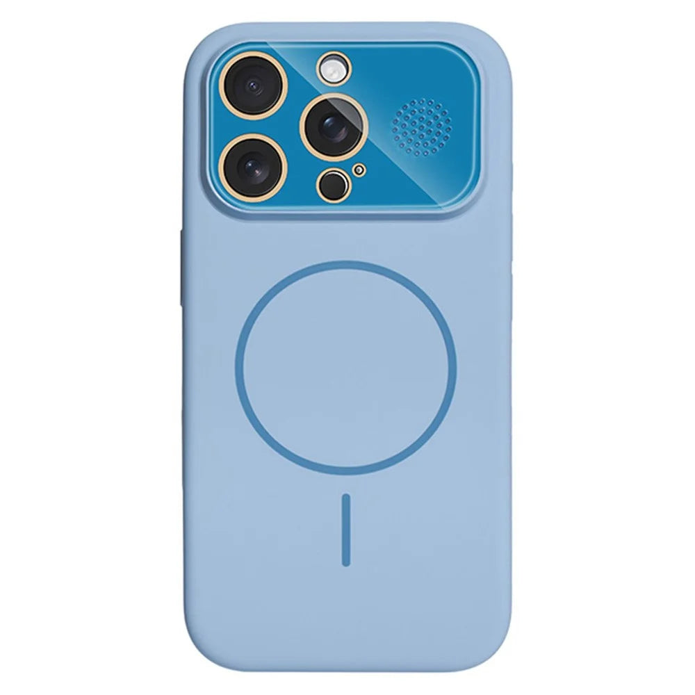 For iPhone 16 Pro Magnetic Case AI Button Liquid Silicone Phone Back Cover with Lens Film - Baby Blue - 1