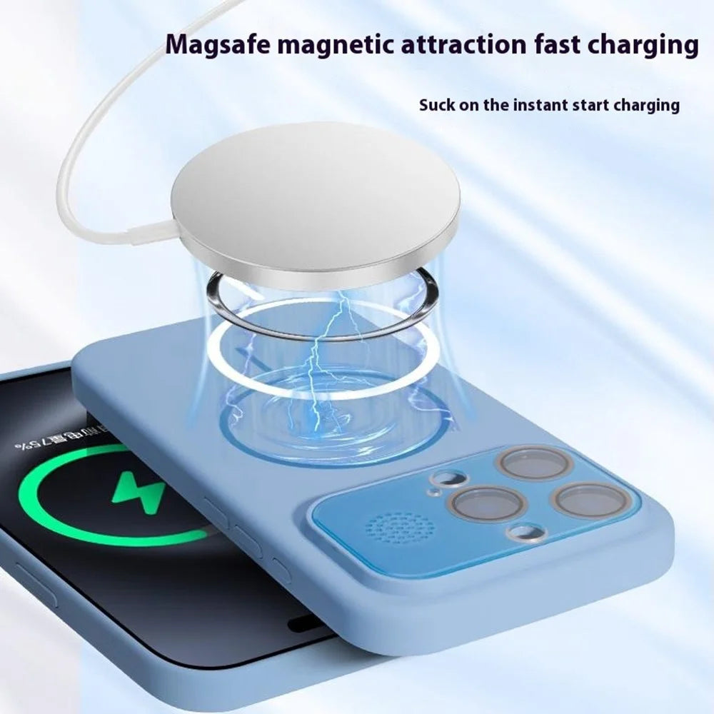 For iPhone 16 Pro Magnetic Case AI Button Liquid Silicone Phone Back Cover with Lens Film - Baby Blue - 4