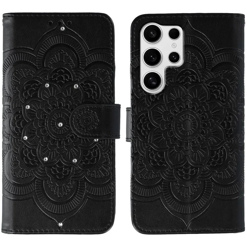 For Samsung Galaxy S25 Ultra Case Rhinestone Decor PU Leather Mandala Imprinted Design Phone Cover with Wrist Strap - Black - 1