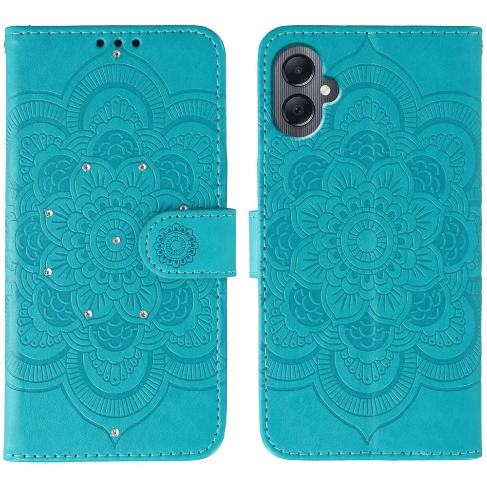For Samsung Galaxy A08 5G / A08 4G / A07 4G / A06 4G Case Rhinestone Decor PU Leather Mandala Imprinted Design Phone Cover with Wrist Strap - Blue - 1