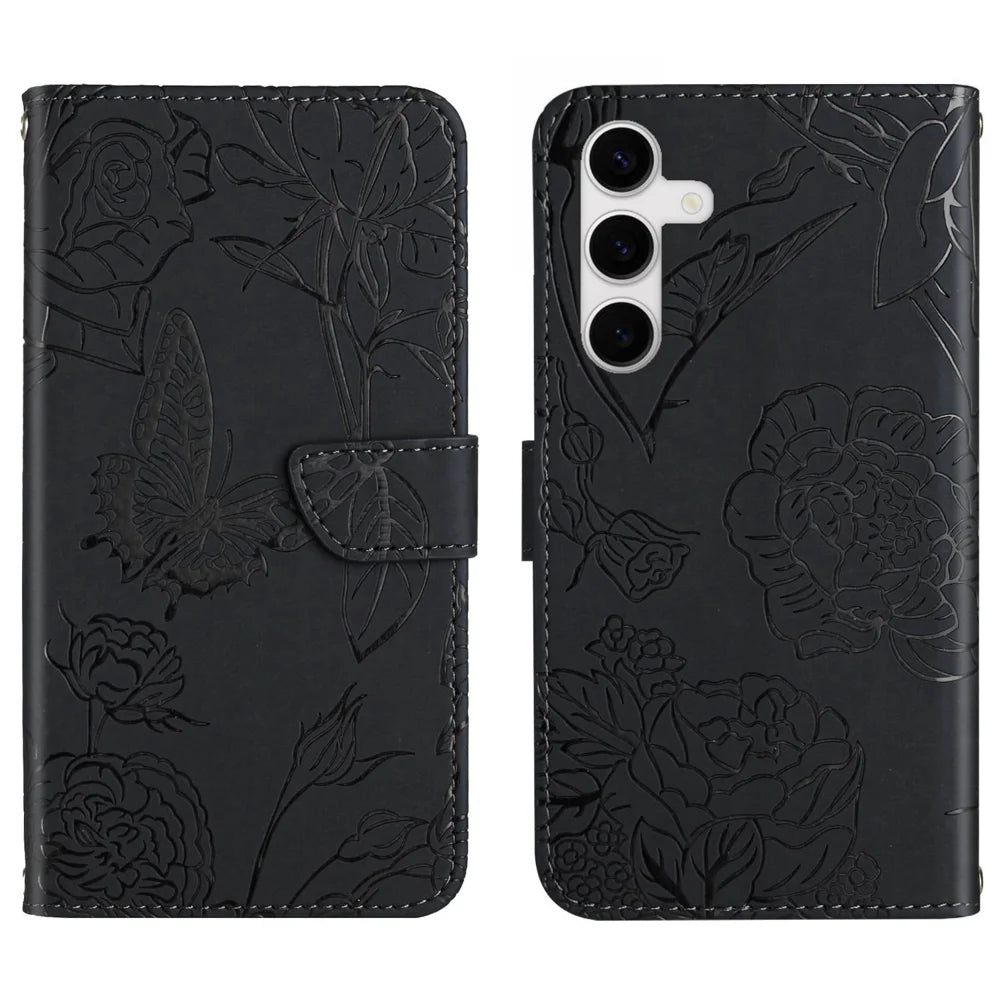 For Samsung Galaxy S25 FE Case Butterfly Flower Imprint Leather Phone Cover with Shoulder Strap - Black - 2