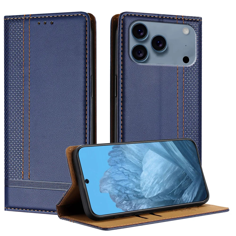 For iPhone 18 Pro Max / 17 Pro Max Case L-Shaped Grid Pattern Leather Stand Phone Cover with Card Slots - Blue - 1
