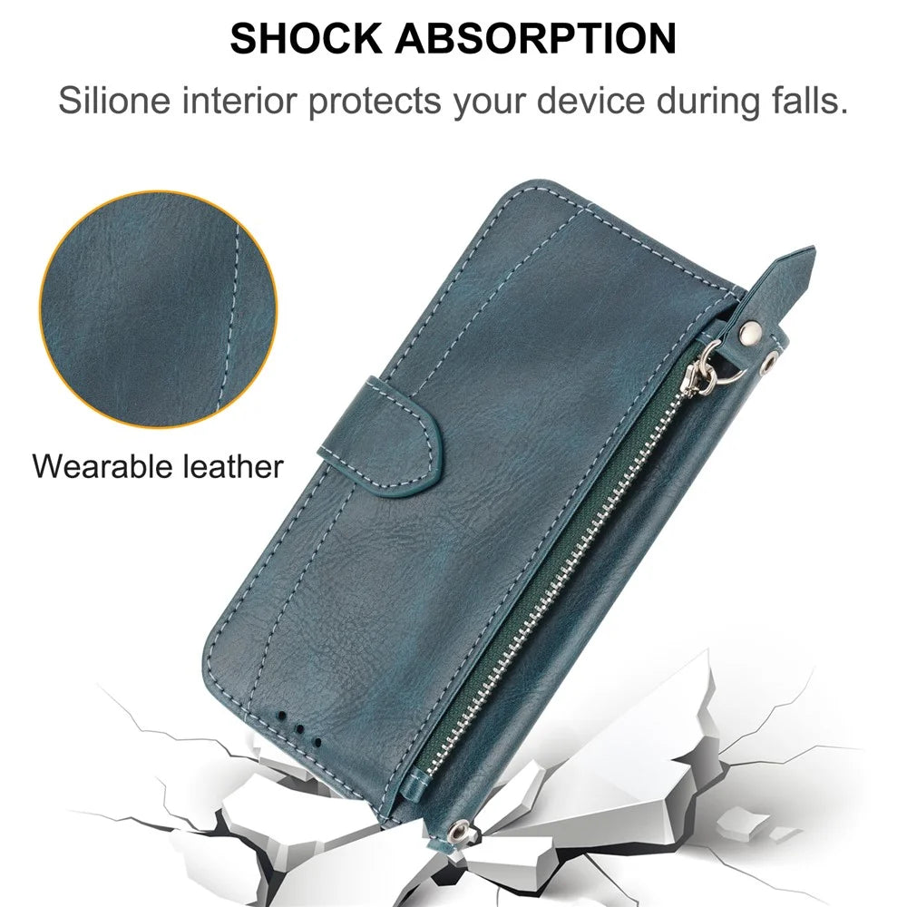 For Samsung Galaxy A08 5G / A08 4G / A07 4G / A06 5G Case Zipper Pocket Wallet Leather Phone Cover with Wrist Strap - Blackish Green - 7