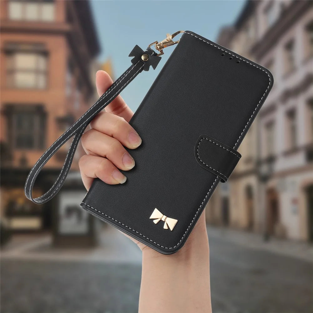 For Samsung Galaxy A18 5G / A18 4G / A17 5G / A17 4G / A26 5G Case Bowknot Decor Wallet Leather Phone Cover with Wrist Strap - Black - 5