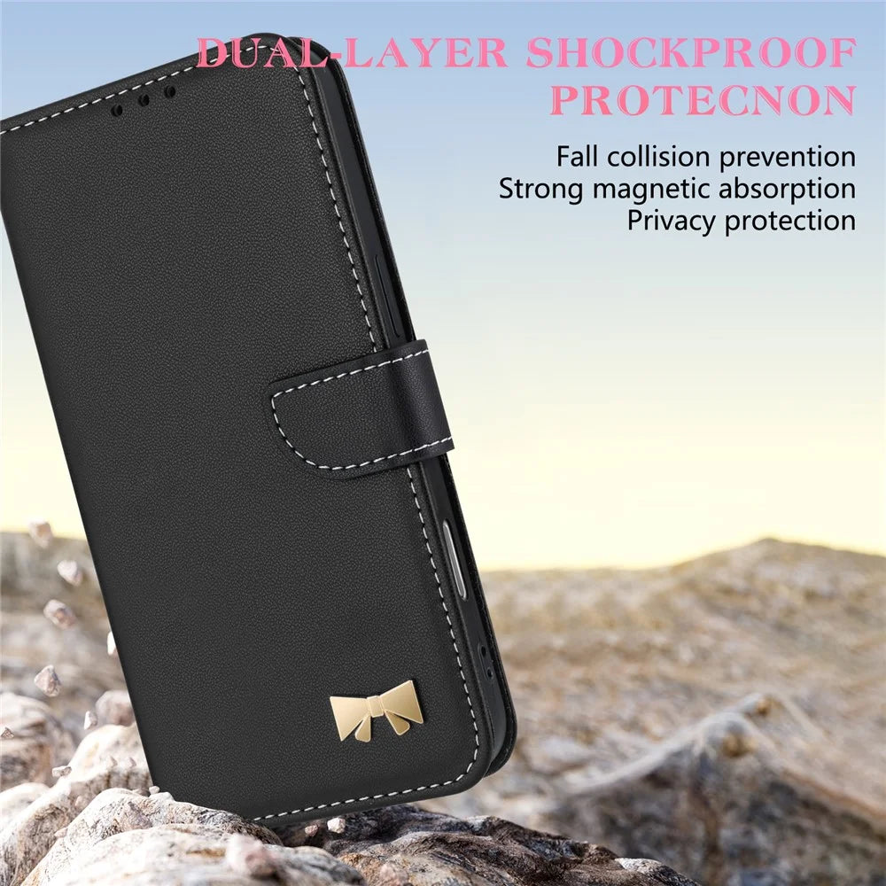 For Samsung Galaxy A18 5G / A18 4G / A17 5G / A17 4G / A26 5G Case Bowknot Decor Wallet Leather Phone Cover with Wrist Strap - Black - 6