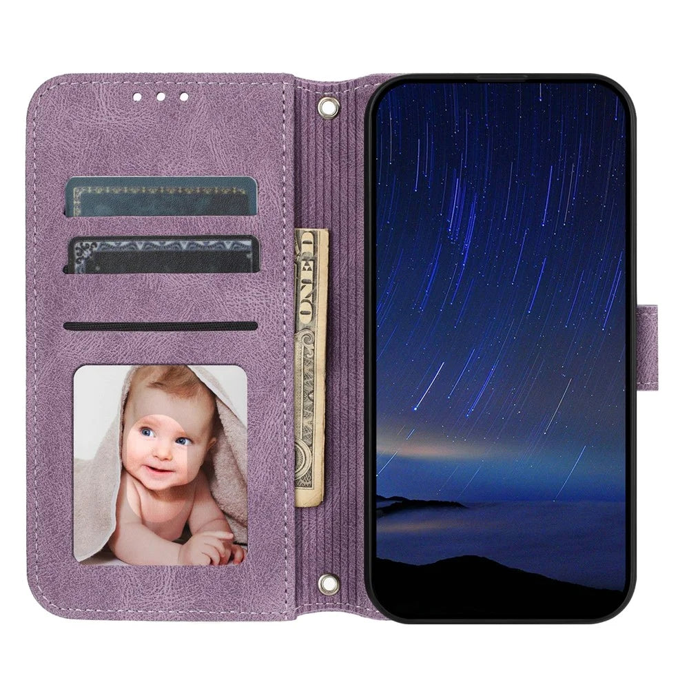 For Samsung Galaxy A08 5G / A08 4G / A07 4G / A06 4G / A06 5G Case Wallet Skin-Touch Leather Imprinted Phone Cover with Wrist Strap - Purple - 2
