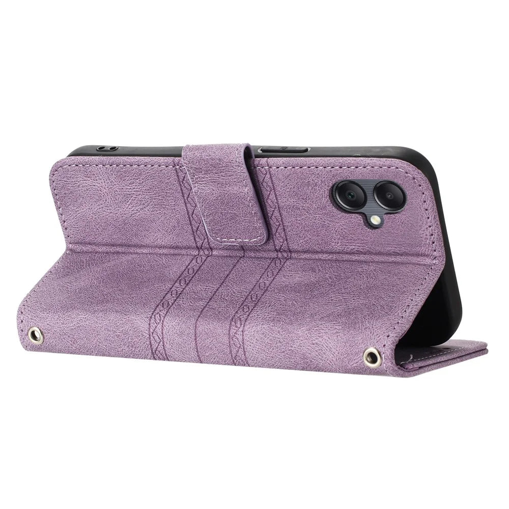For Samsung Galaxy A08 5G / A08 4G / A07 4G / A06 4G / A06 5G Case Wallet Skin-Touch Leather Imprinted Phone Cover with Wrist Strap - Purple - 3