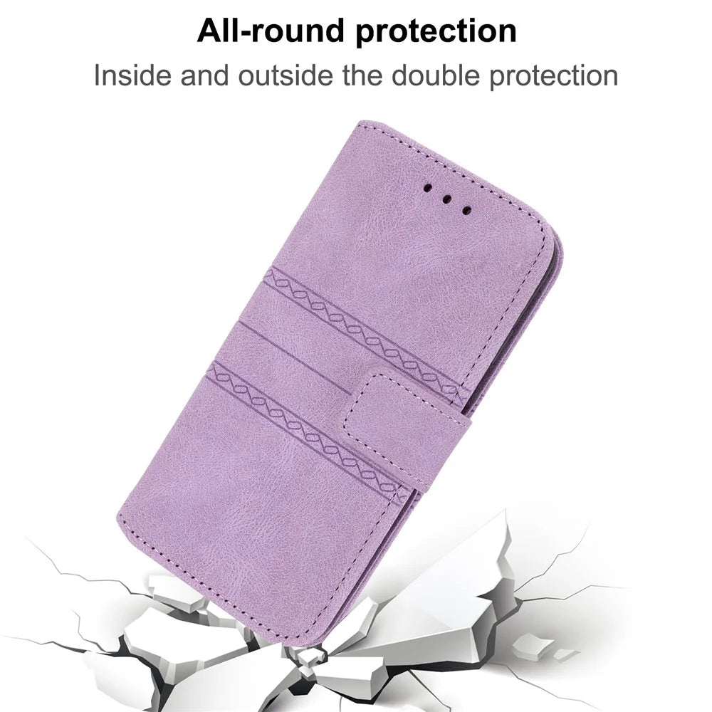 For Samsung Galaxy A08 5G / A08 4G / A07 4G / A06 4G / A06 5G Case Wallet Skin-Touch Leather Imprinted Phone Cover with Wrist Strap - Purple - 5