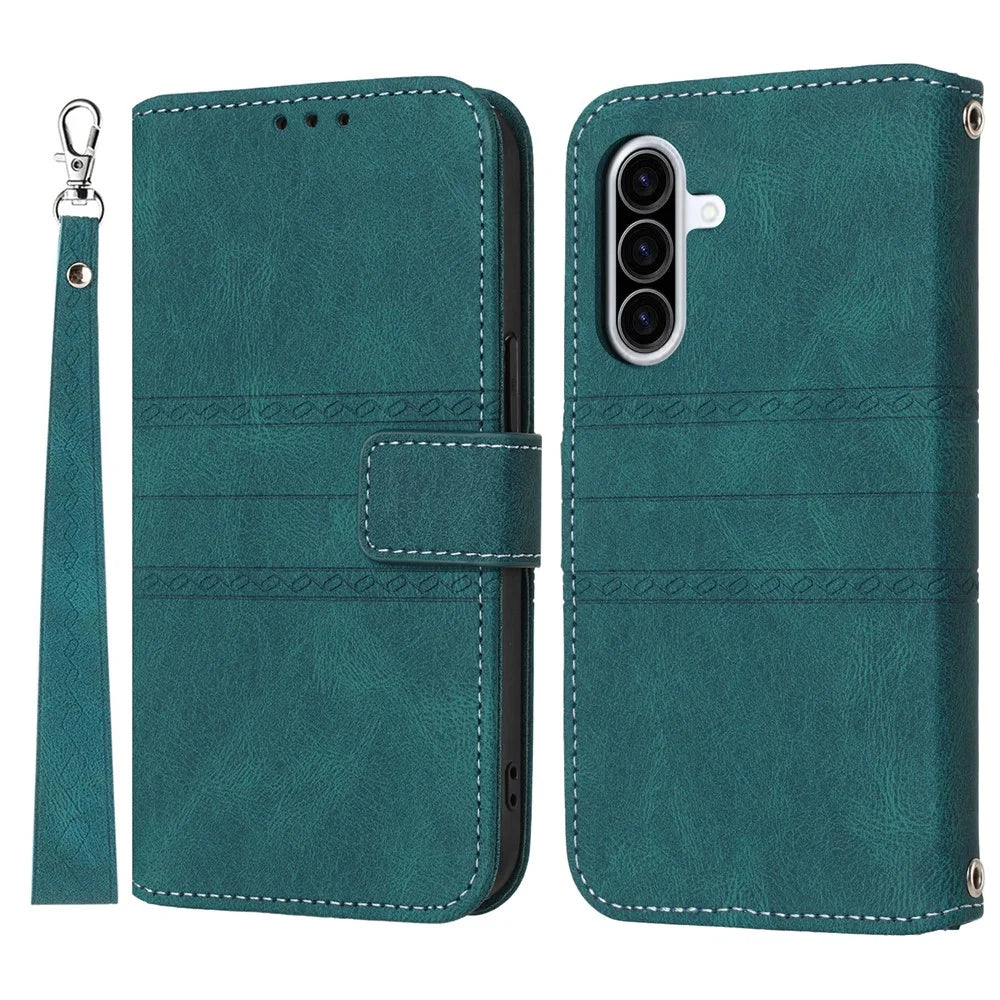 For Samsung Galaxy A18 5G / A18 4G / A17 5G / A17 4G / A26 5G Case Wallet Skin-Touch Leather Imprinted Phone Cover with Wrist Strap - Blackish Green - 1