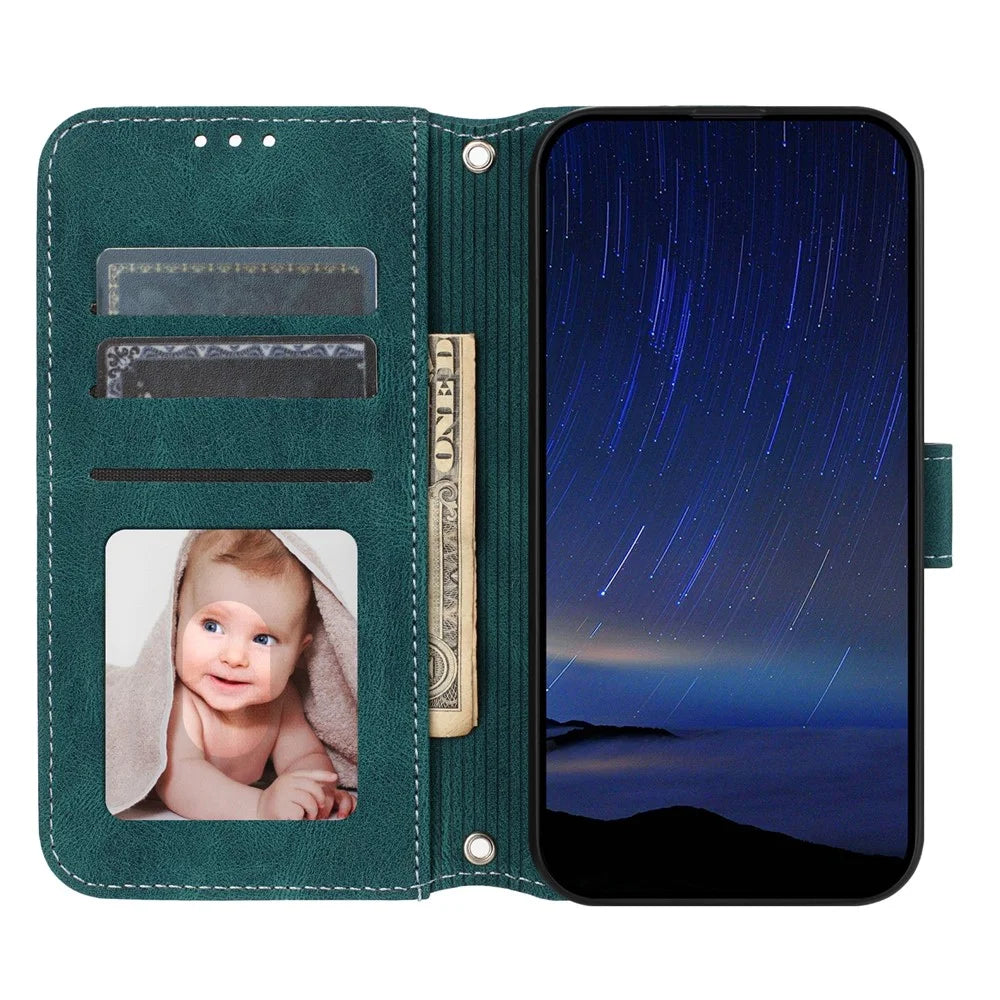 For Samsung Galaxy A18 5G / A18 4G / A17 5G / A17 4G / A26 5G Case Wallet Skin-Touch Leather Imprinted Phone Cover with Wrist Strap - Blackish Green - 2