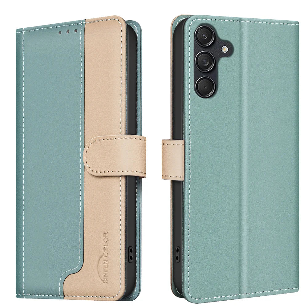 BINFEN COLOR For Samsung Galaxy S25 FE Leather Case  Splicing Color RFID Blocking Wallet Stand Phone Cover - Green - 1