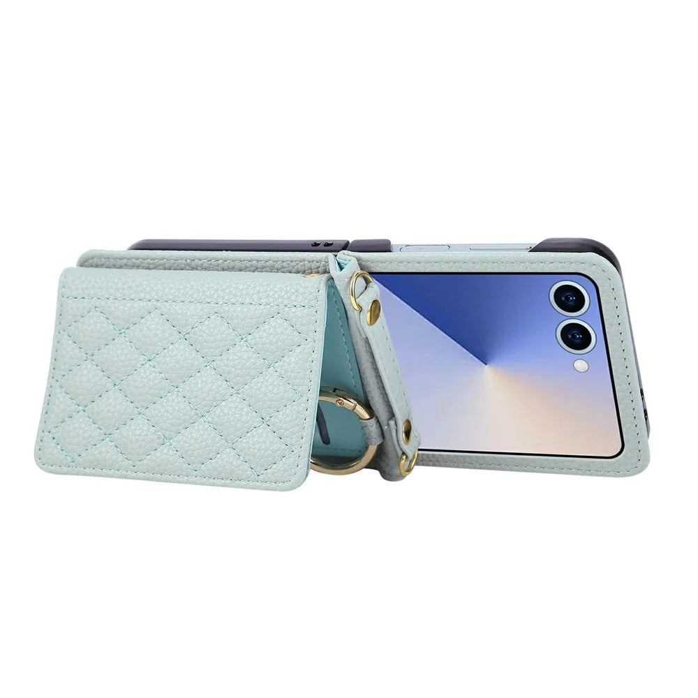 For Samsung Galaxy Z Flip7 5G Case Kickstand Rhombus Leather + TPU Phone Cover with Shoulder Strap - Blue - 4