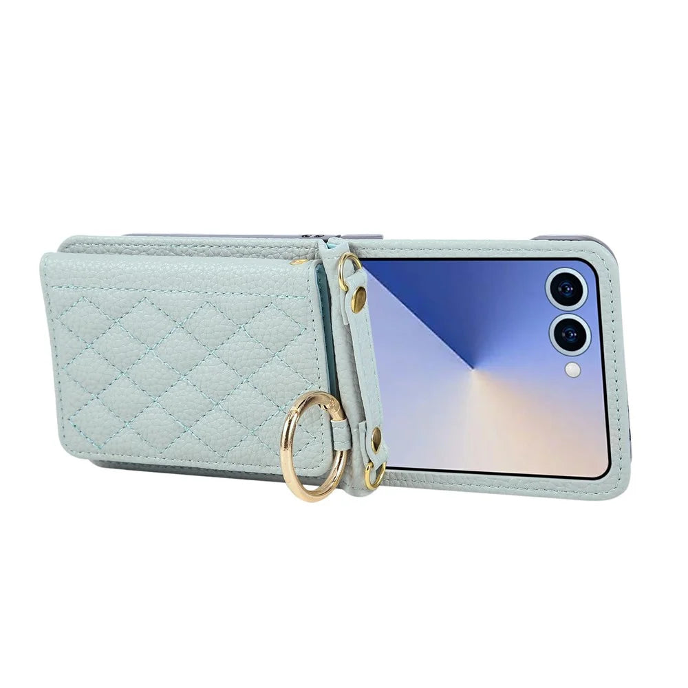 For Samsung Galaxy Z Flip7 5G Case Kickstand Rhombus Leather + TPU Phone Cover with Shoulder Strap - Blue - 5