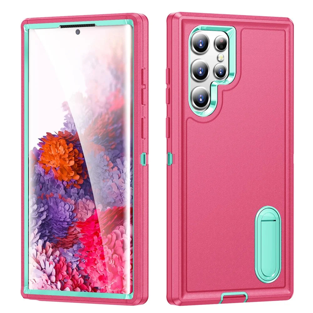 For Samsung Galaxy S22 Ultra 5G Case Case Kickstand Phone Cover PC + Silicone + EVA 3-in-1 Design - Rose + Light Cyan - 1