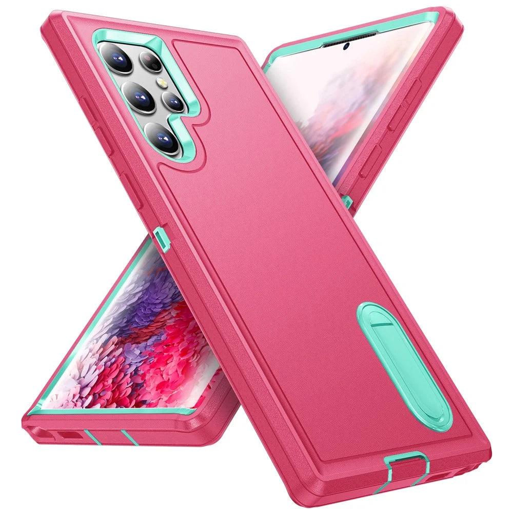 For Samsung Galaxy S22 Ultra 5G Case Case Kickstand Phone Cover PC + Silicone + EVA 3-in-1 Design - Rose + Light Cyan - 2