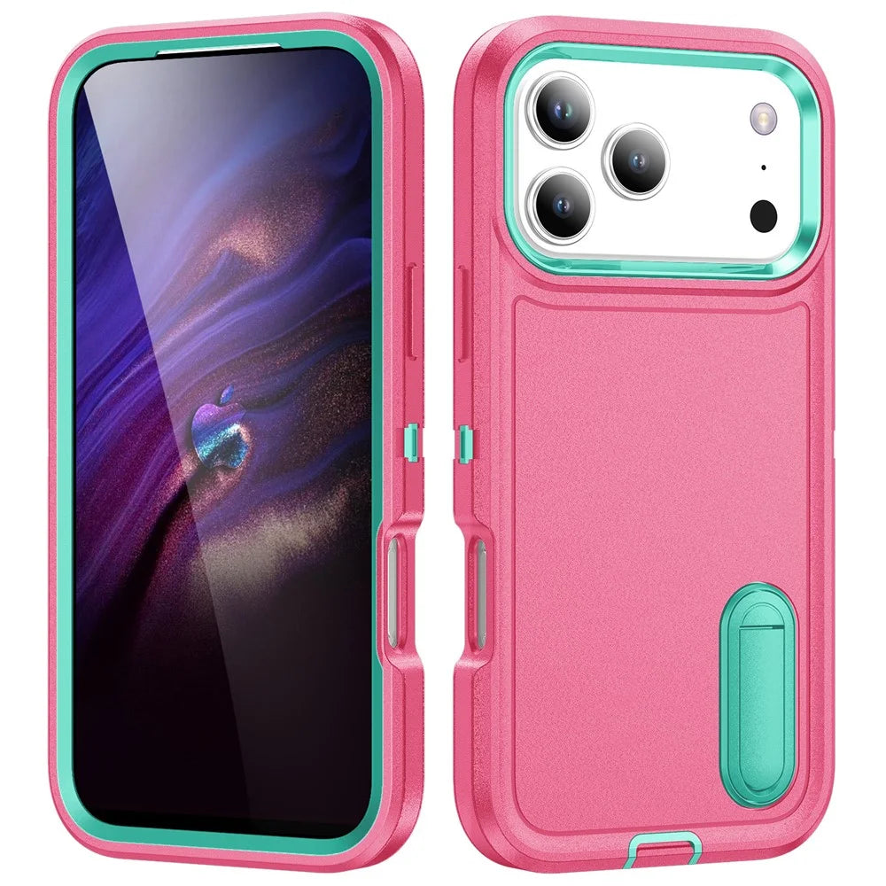 For iPhone 17 Pro Max Case Case Kickstand Phone Cover PC + Silicone + EVA 3-in-1 Design - Rose + Light Cyan - 1
