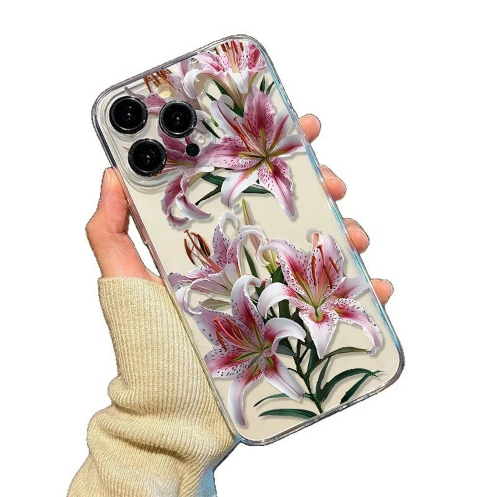 For iPhone 15 Pro Max Case Floral Lily Pattern TPU Phone Cover - 5
