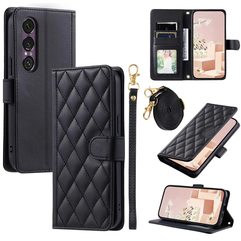 For Sony Xperia 1 VII Case Wallet Rhombus Grid PU Leather Phone Cover with Shoulder Strap / Wrist Strap - Black - 1