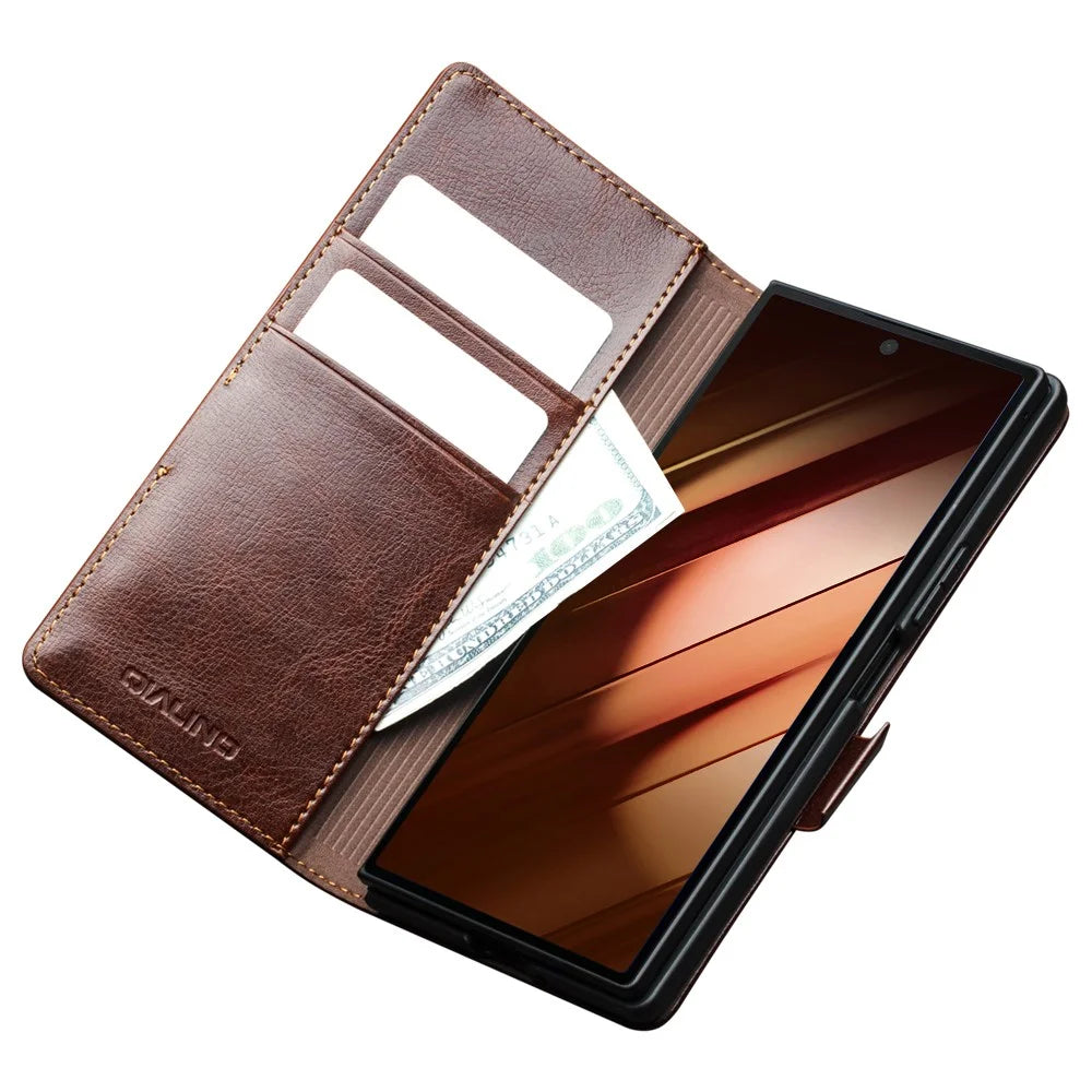 QIALINO For Samsung Galaxy Z Fold7 5G Case with Card Holder Genuine Cow Leather Stand Phone Cover - Brown - 2