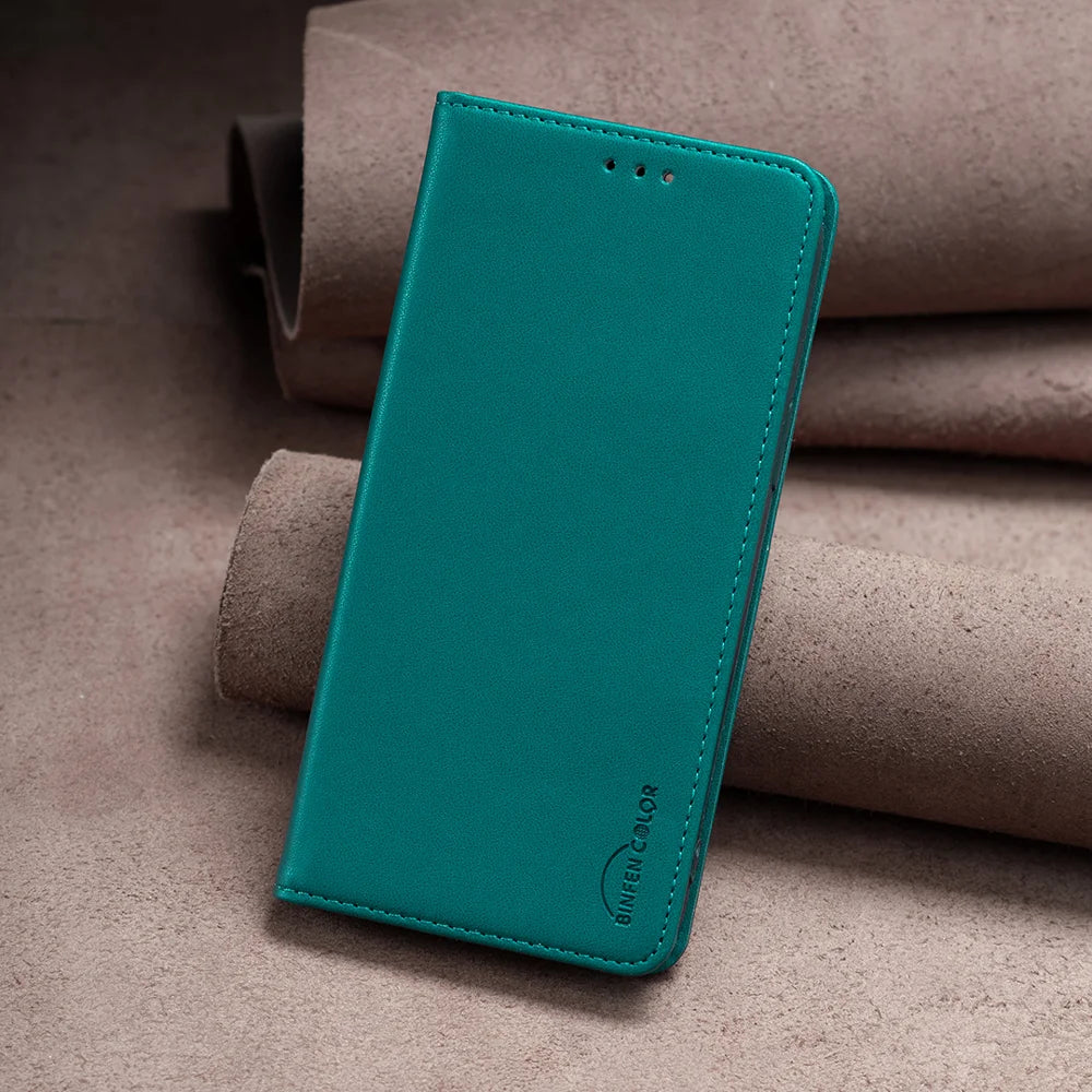 BINFEN COLOR For Samsung Galaxy S25 FE Leather Case  BF18 Phone Stand Cover with Card Slots - Green - 7