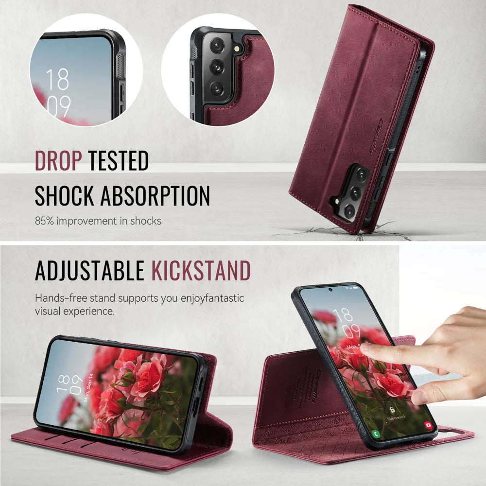CASEME For Samsung Galaxy S21 5G / Galaxy S21 4G Case  C49  Magnetic Case RFID Blocking Detachable Wallet Leather Phone Cover - Red - 5