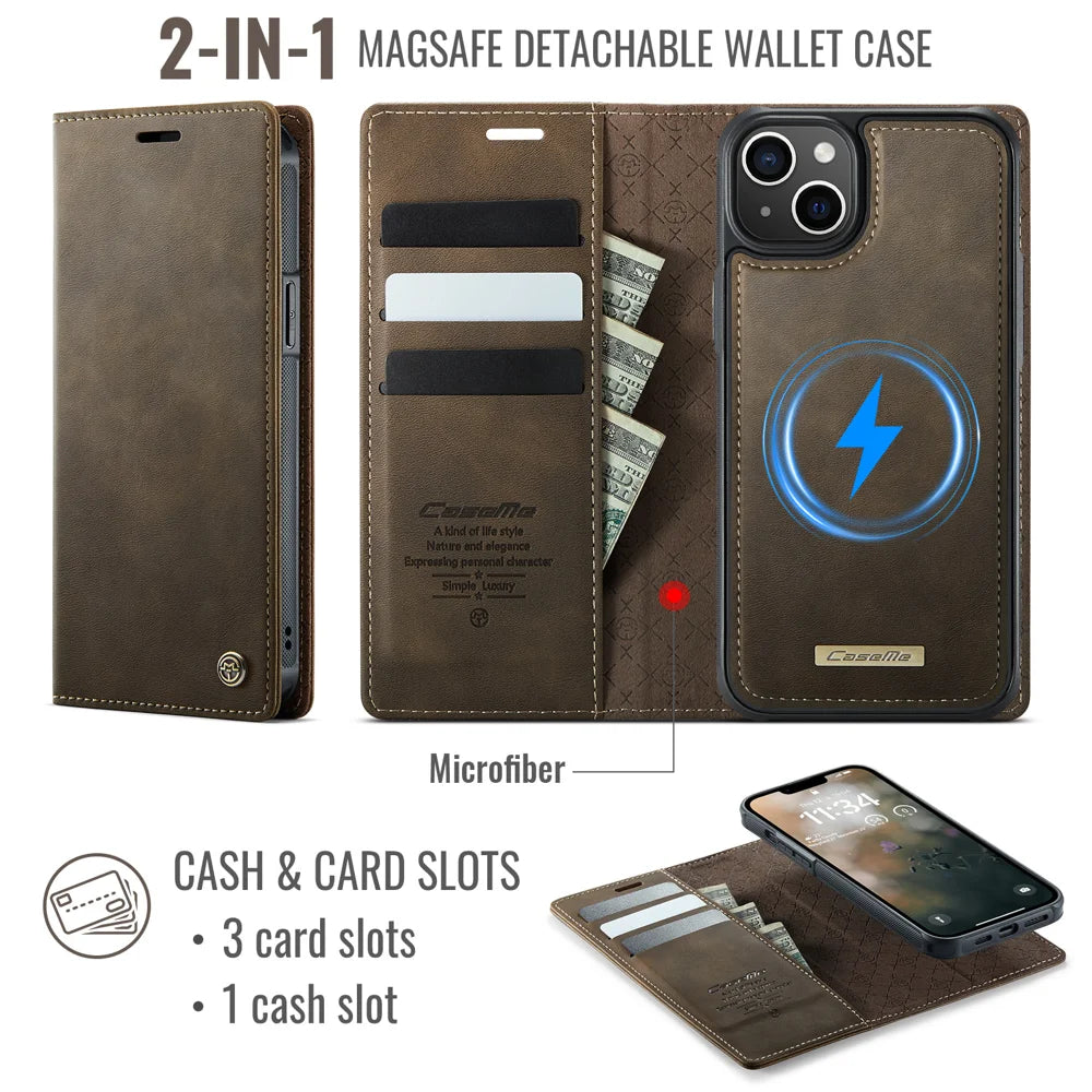 CASEME For iPhone 14 Case  C49  Compatible with MagSafe RFID Blocking Detachable Wallet Leather Phone Cover - Coffee - 2