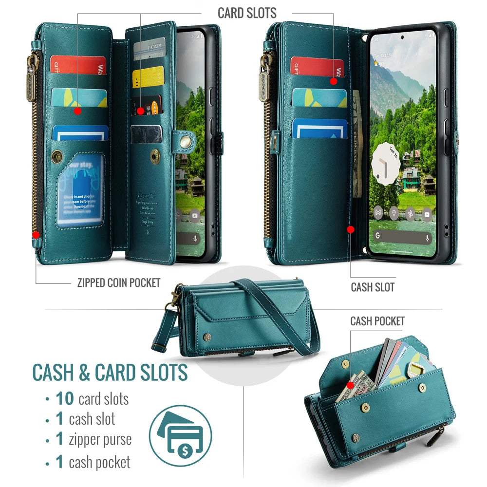 CASEME For Google Pixel 10 Pro XL Leather Case  C36 Zipper 10 Card Slots Phone Cover with Straps - Green - 2