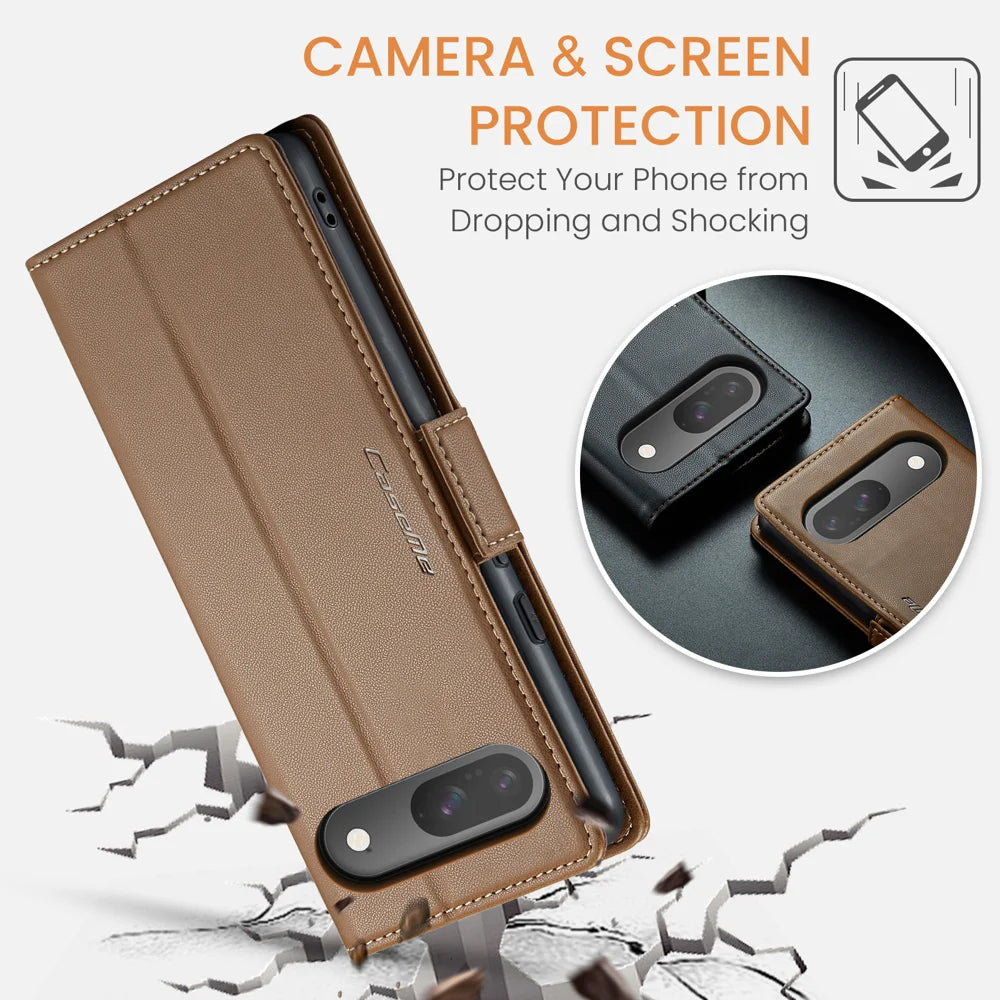 CASEME For Google Pixel 10 Pro / 10 / 9 Pro / 9 Case  023 Series RFID Blocking Leather Wallet Stand Phone Cover - Brown - 6