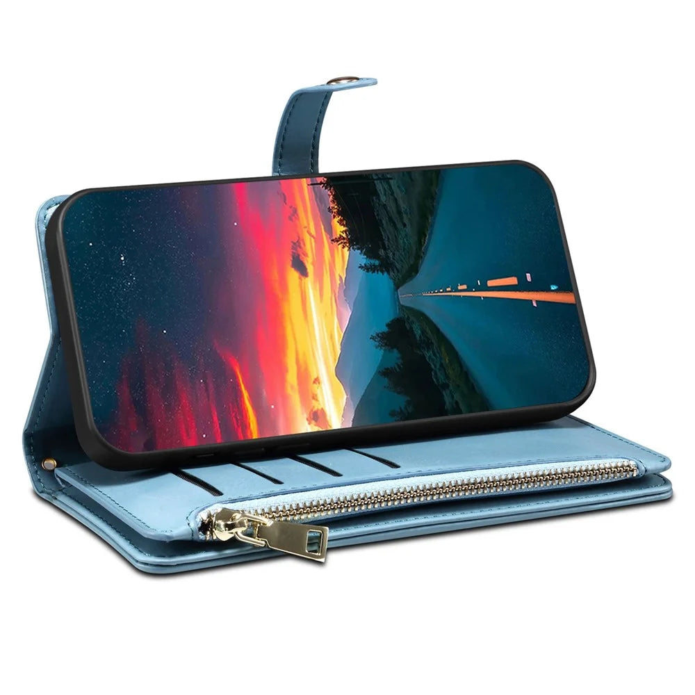 ESEBLE Galaxy Series For Samsung Galaxy S25 FE Case RFID Blocking Leather Zipper Phone Cover with Shoulder Strap + Wrist Strap - Blue - 3