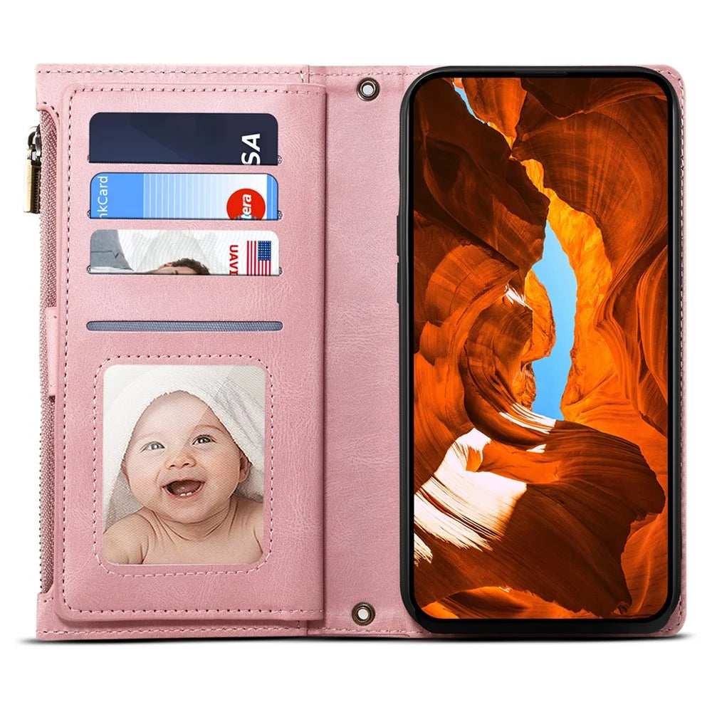 ESEBLE Star Series For Samsung Galaxy S25 FE Case Zipper Wallet Leather Stand Phone Cover with Wrist Strap - Rose Gold - 2