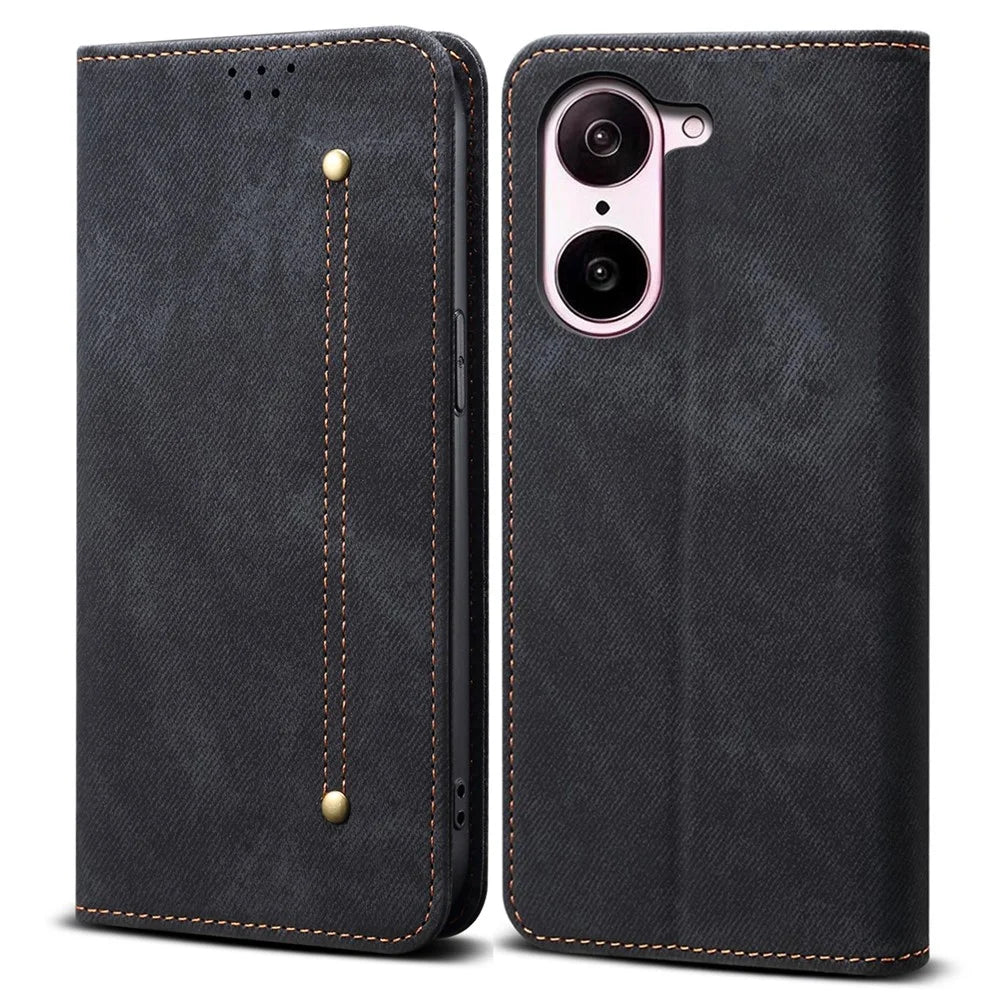For OnePlus Nord CE5 5G / Ace 5 Racing 5G Case Jeans Cloth Texture Anti-Scratch Leather Stand Phone Cover - Black - 1