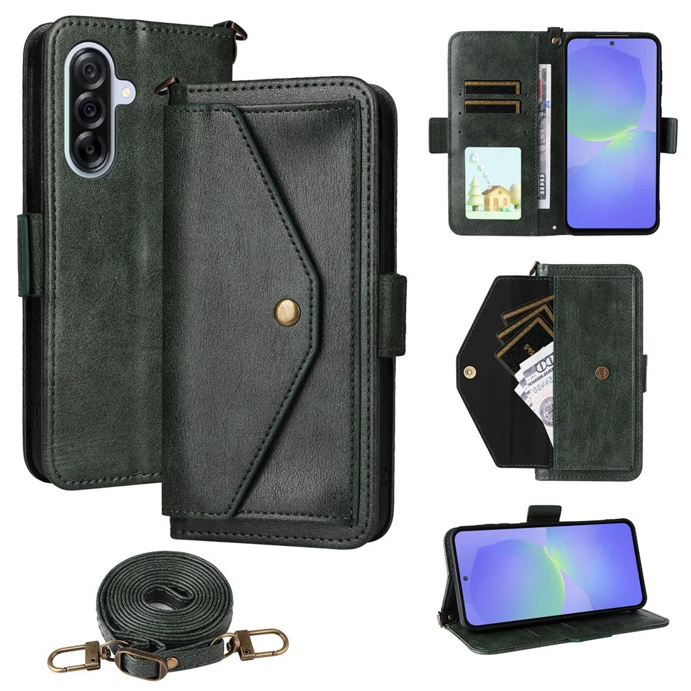 For Samsung Galaxy A16 5G  /  4G Leather Case Magnetic Closure Wallet Stand Phone Cover with Crossbody Strap - Green - 1