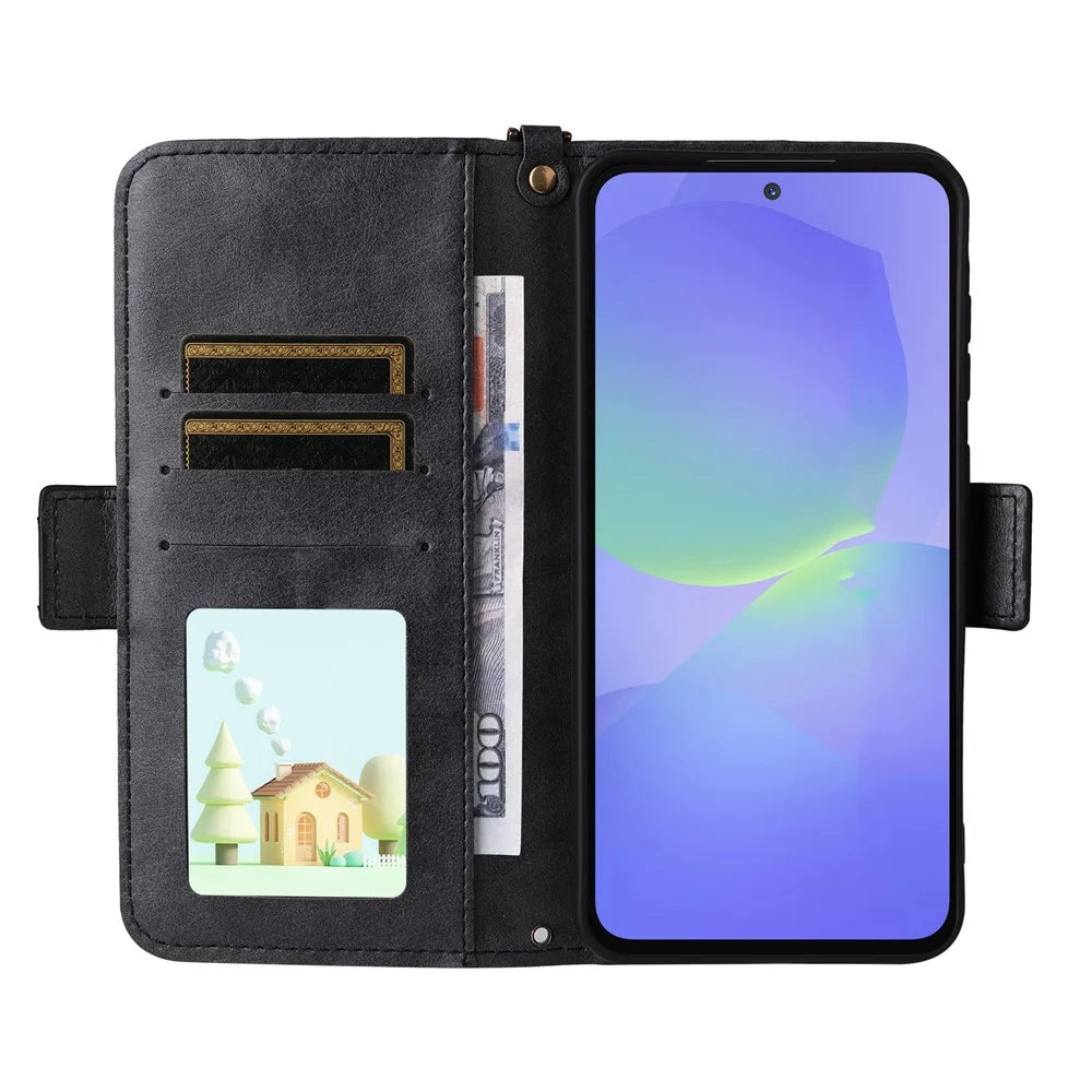 For Samsung Galaxy A35 5G Leather Case Magnetic Closure Wallet Stand Phone Cover with Crossbody Strap - Black - 2