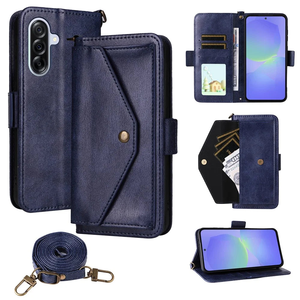 For Samsung Galaxy A25 5G (Global) (161.0mm) Leather Case Magnetic Closure Wallet Stand Phone Cover with Crossbody Strap - Blue - 1