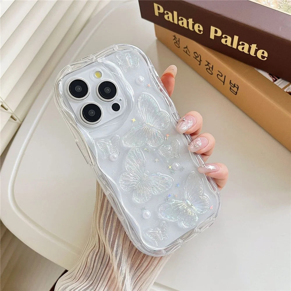 For iPhone 15 Pro Max Case Pearl Butterfly Design Clear TPU Phone Cover - 1