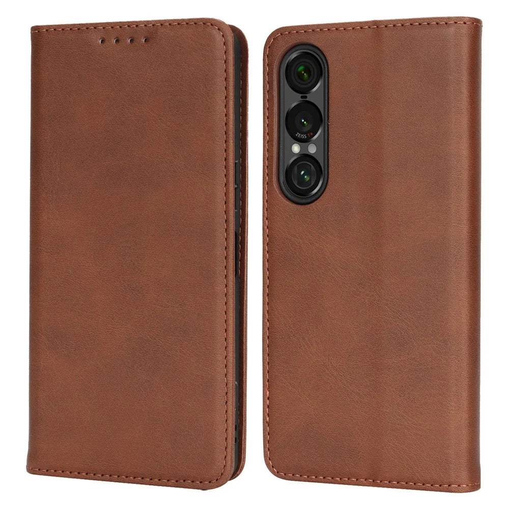 For Sony Xperia 1 VII Case PU Leather Calf Textured Magnetic Closing Smart Phone Cover - Dark Brown - 1