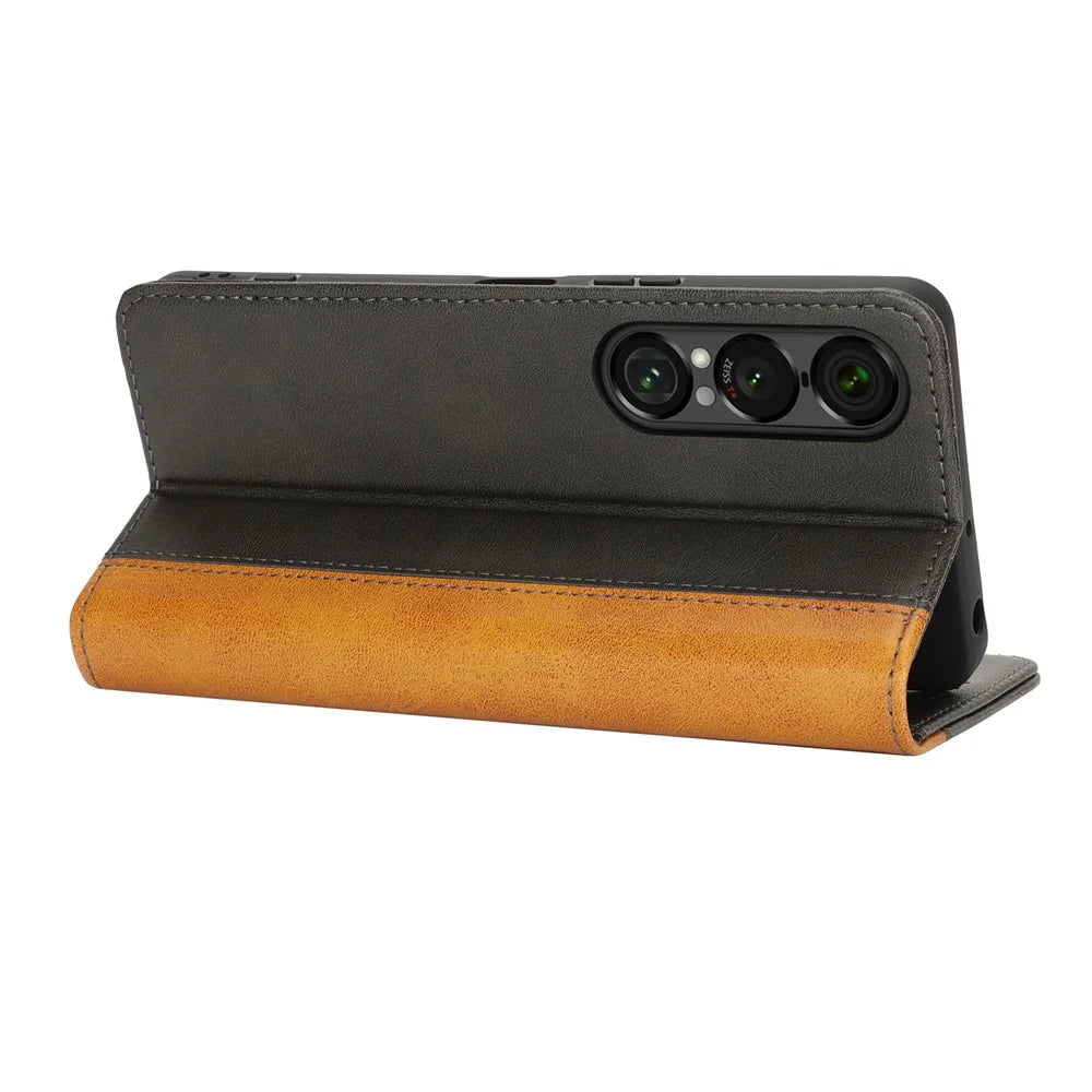 For Sony Xperia 1 VII Case Calf Texture 3 Card Slots Color Splicing Leather Phone Cover - Black+Yellow - 4